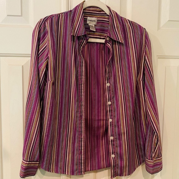 💜 💚Chico’s Long Sleeve White, Black, Purple & Green Striped Button Down Blouse - Picture 5 of 7